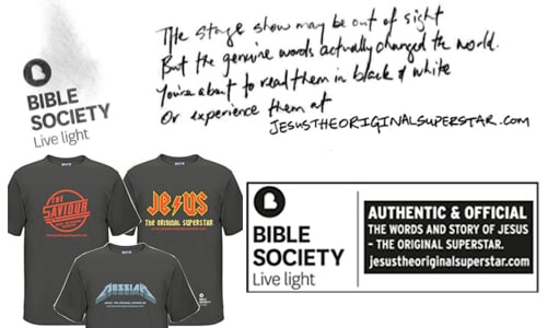 Bible Society Australia gave out free t-shirts and envelopes with Gospels of Matthew outside the openings of Jesus Christ Superstar in Sydney, Brisbane and Melbourne this week.