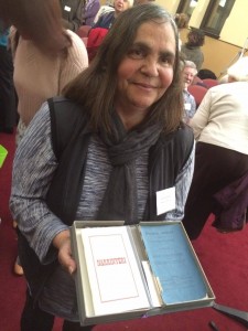 The first Indigenous Scripture published in Australia, 150 years ago, here displayed by Ngarrindjeri Elder, Verna Koolmatrie. It's the last known original of the 300 printed.