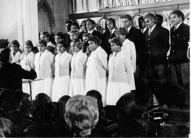 Bill Edwards conducting the Ernabella Mission Choir, Scots Church, Adelaide March 1966. Source: Photograph from Bill Edwards collection. Courtesy Ara Irititja Project Netley, South Australia.