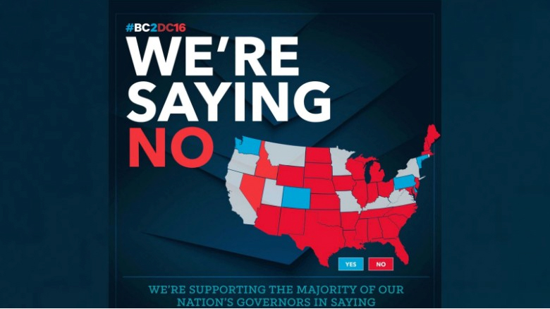 Map of State governors opposing refugees shown in red from Republican Presidential candidate Ben Carson's Facebook site. The map was replaced because it bungled the shapes of states in the New England region.
