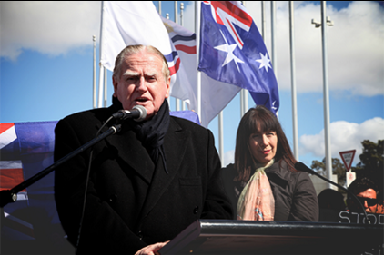 Rev Hon Fred Nile MLC, leader of the CDP, speaking at a rally outside Parliament House Canberra last year .