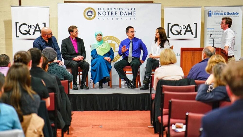 (From left) Scott Stephens, Michael Stead, Maha Abdo, William Cavanaugh, Melinda Tankard Reist on the QandA panel for University of Notre Dame.