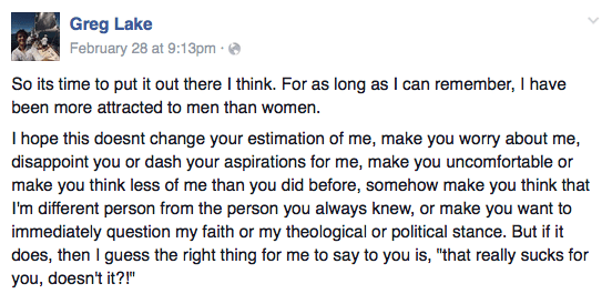 Greg Lake's Facebook announcement of his same-sex attraction