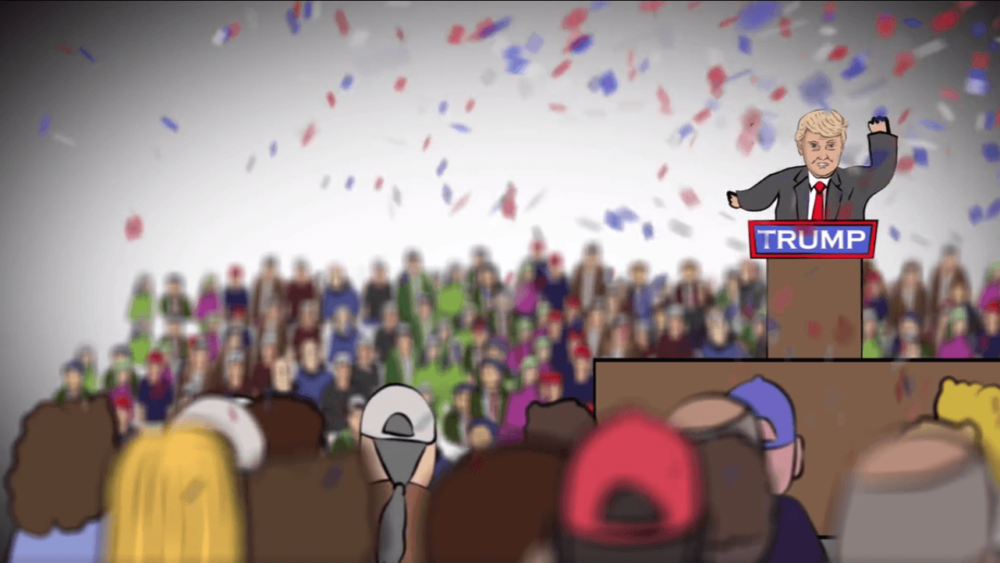 An animated Donald Trump delivering a speech