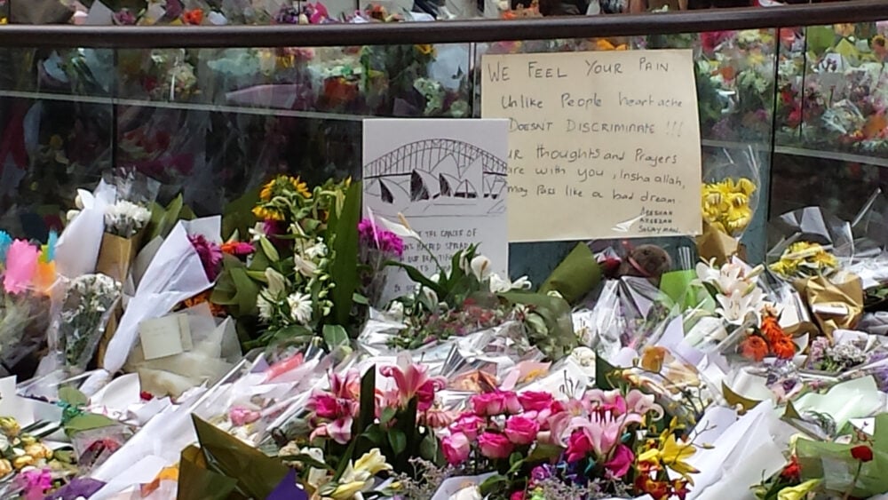 Martin Place, Sydney, fills with flowers after the Sydney siege, December 2014