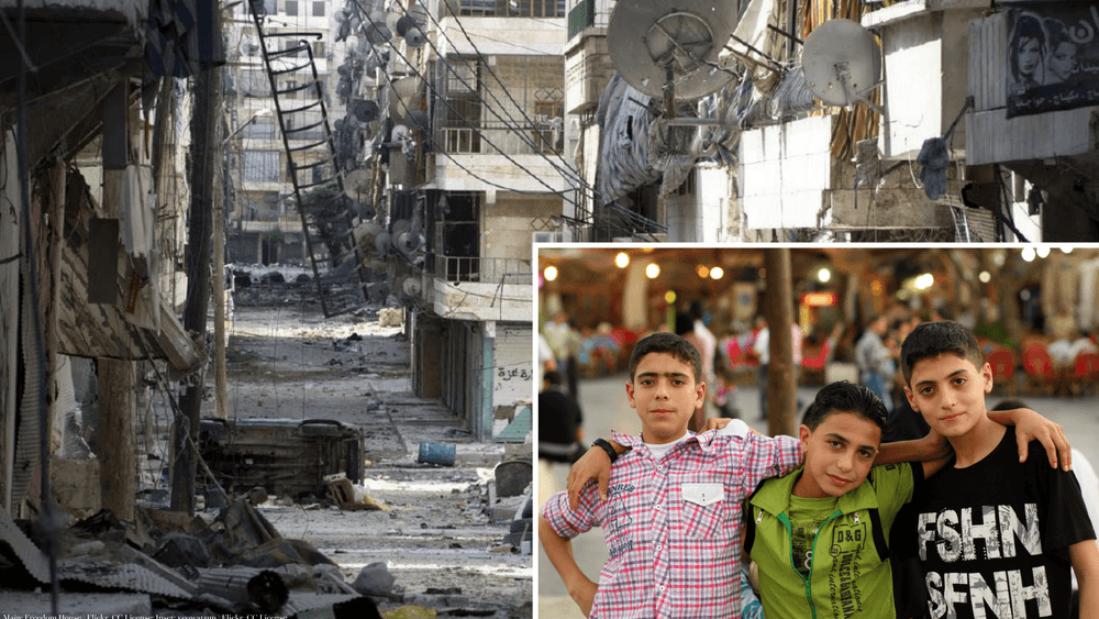 Main: Aleppo streets are destroyed; Inset: children in Aleppo