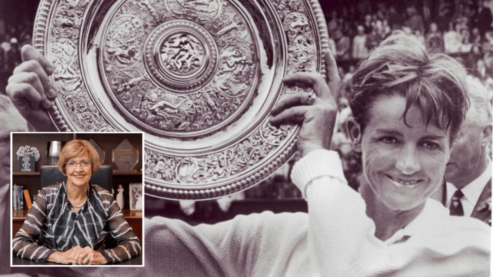 Main image: Margaret Court with the Wimbledon trophy; Inset: Pastor Margaret Court at Victory Life Centre, Perth