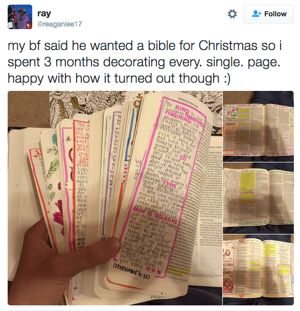 Reagan Lee hand decorated an entire Bible for her boyfriend