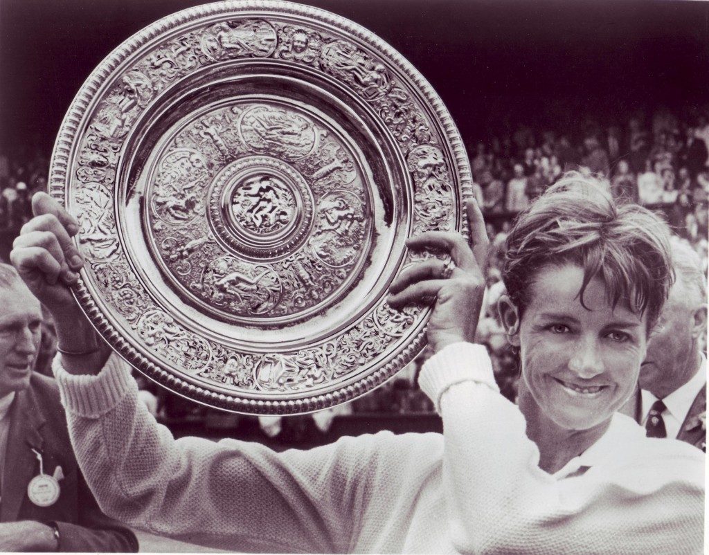 Margaret Court with the Wimbledon trophy