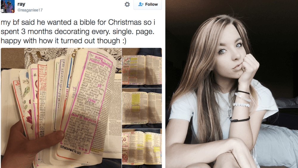 16-year-old Reagan Lee spent three months decorating this Bible for her boyfriend