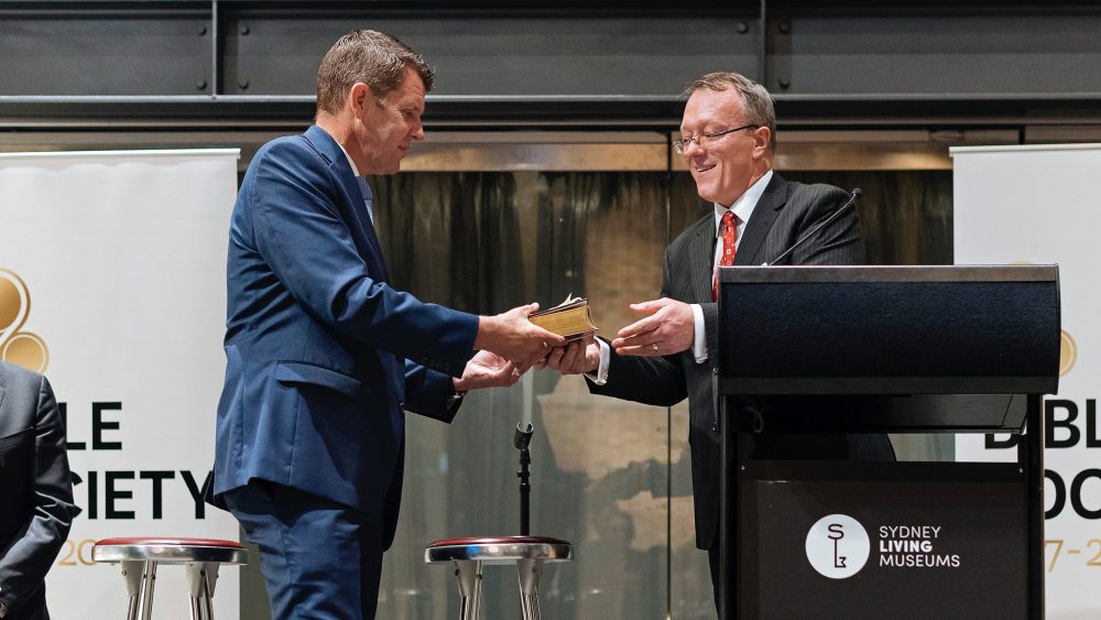 Greg Clarke, CEO of Bible Society, presents Premier of NSW Mike Baird with a Kriol Bible