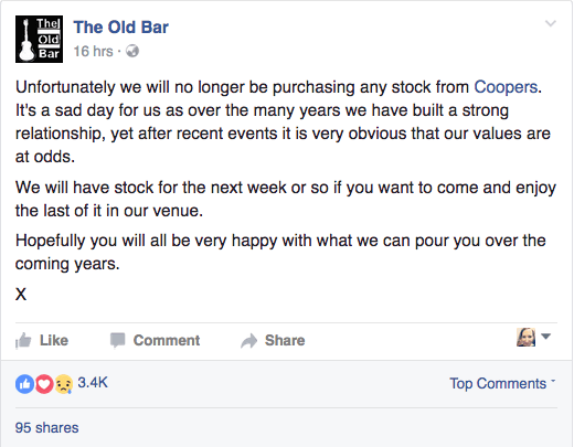 The Old Bar in Futzroy, Melbourne, will no longer stock Coopers