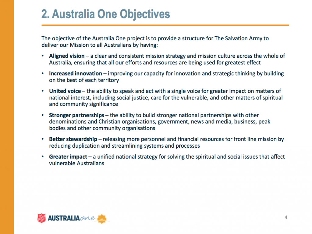 Objectives of the new Salvos Australia One