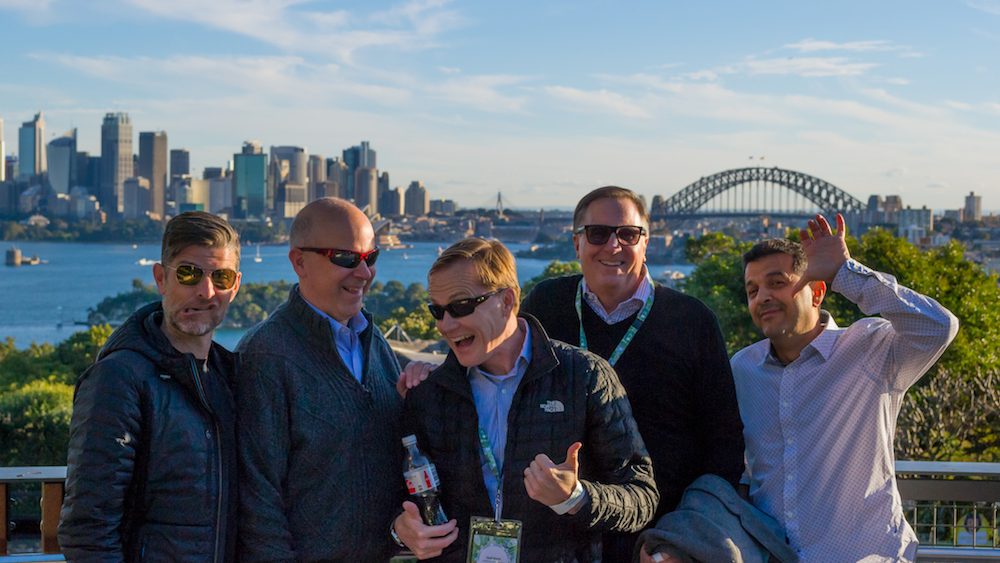 “Make a funny face.” From left: Jason Malec, Robert Briggs, Geof Morin, Roy Peterson and Labib Madanat share a laugh.