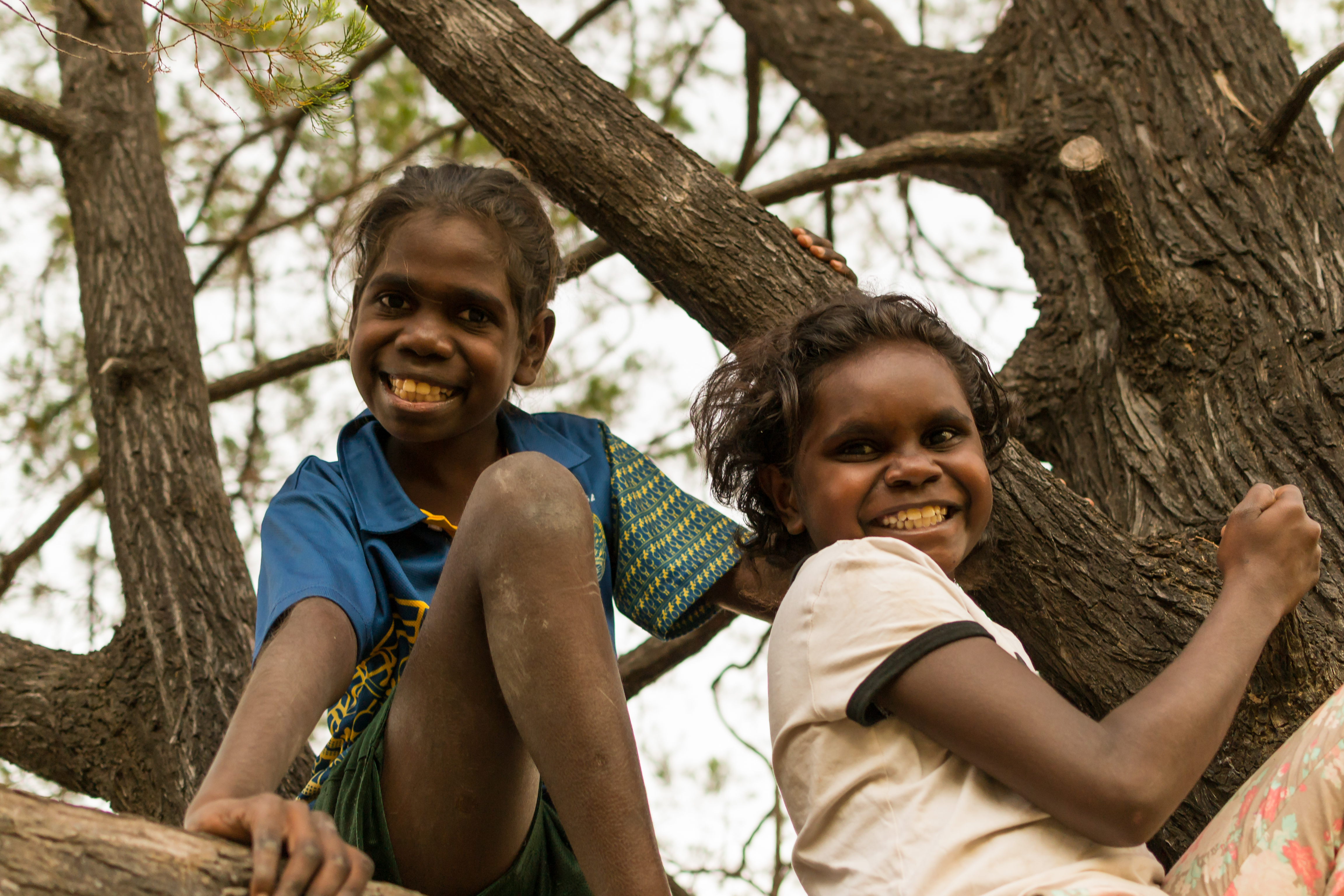 Two girls play in the tree before Kids Club, Barunga