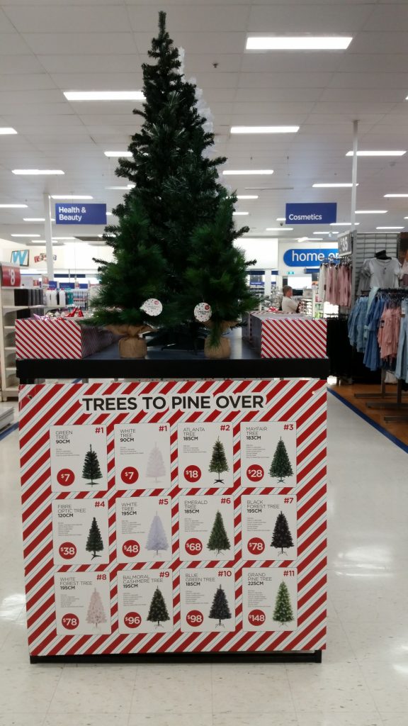 The trees in question, from a Big W store in Orange, NSW. Big W's Christmas tree selection this year omitted the word "Christmas" from its packaging, sparking customer outrage.