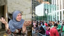 A Syrian refugee recalls her trauma, left, as people line up for Apple products, right.