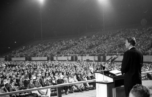 Evangelist Billy Graham speaking at Doak Campbell Stadium in Tallahassee, Florida