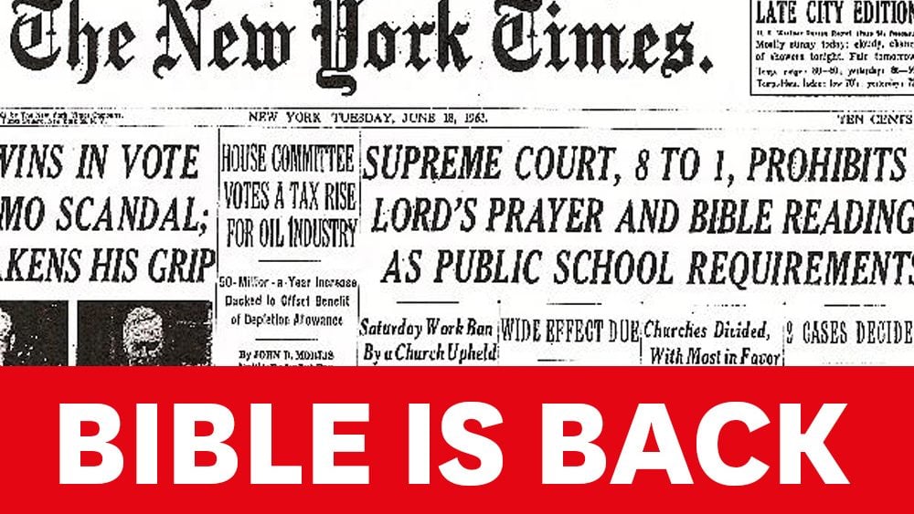 Front page of the New York Times from 1963 when the bible was banned from school. But it is back.