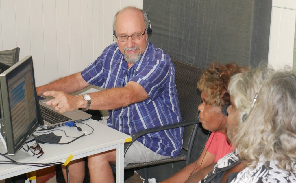 Paul Eckert in the studio with some of the Pitjantjatjara recording speakers.