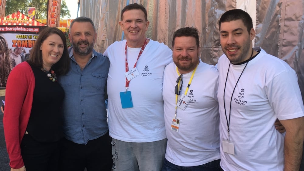 John Delezio, second from right, with MTS colleagues Emma and Ben Pfahlert, Adam McCormick and Samuel Thorn after an Easter service at the Royal Easter Show in Sydney.