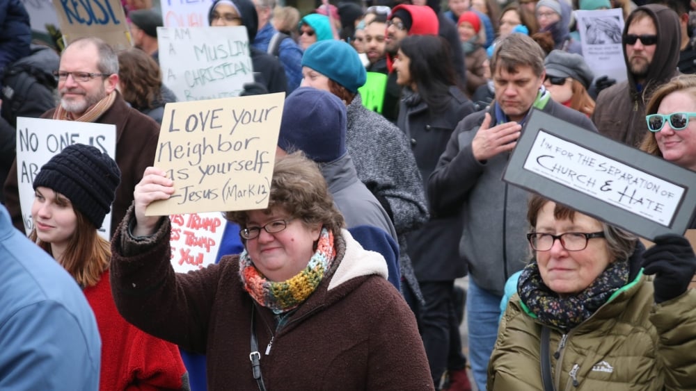 A Love Your Neighbor as Yourself rally in St Louis, Missouri, in February 2017 protesting against Donald Trumps executive order on immigration.