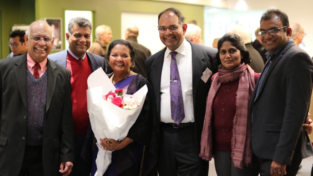 Kamal Weerakoon, centre, with With Vasantha Weerakoon, Kanishka Raffel, Patricia Weerakoon, Faustine Jayasinghe and Dilan Jayasinghe