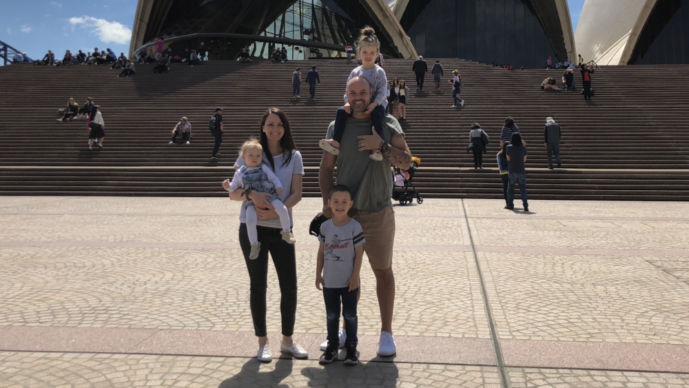 Justin Stephney in Sydney with his wife, Chrissy, and three children.