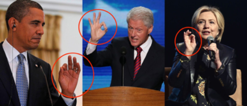 Obama, and two Clintons do the "okay" sign