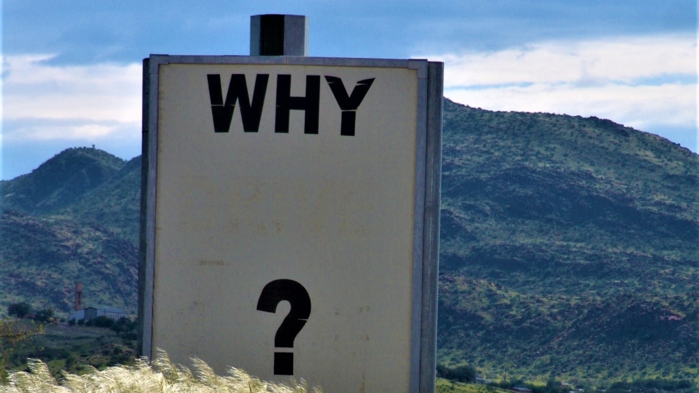 'Why' sign in mountain setting. Image: Ken Treloar / Unsplash