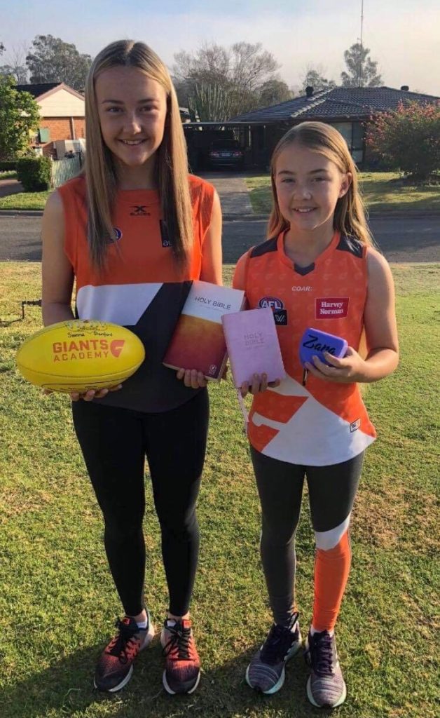 Sienna (13) and Zara (11) they love AFL and the GWS giants and also play for the Penrith giants - both gave their hearts to Jesus at 4 years of age.