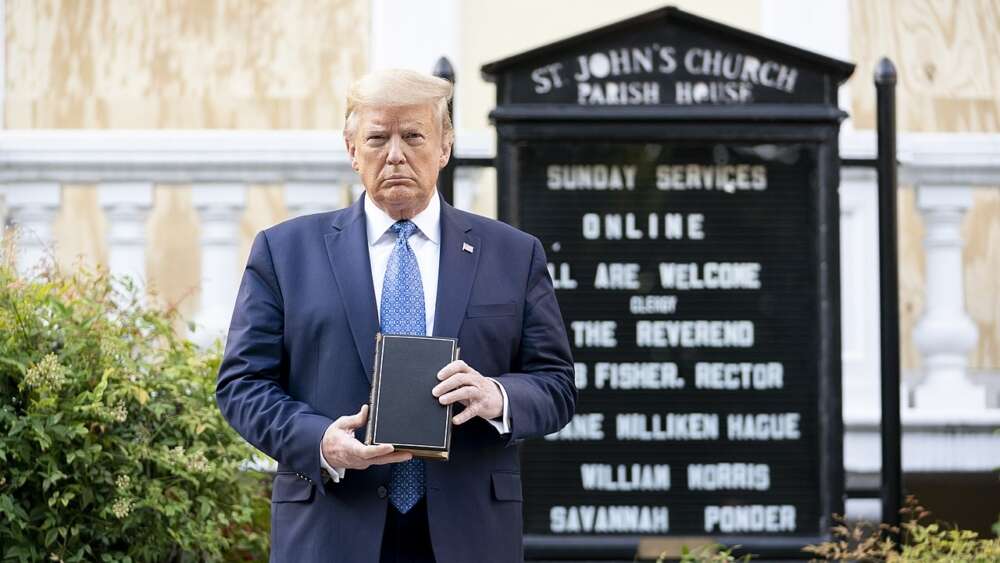 President Trump poses out the front of St John's Episcopal Church for a photo in June 2020.