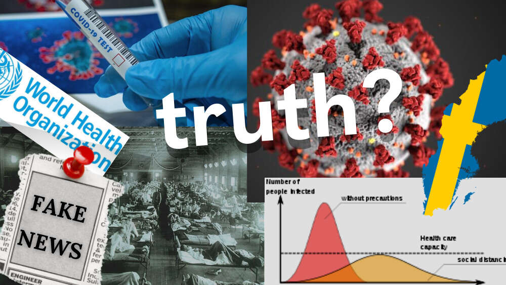 Images included: Sweden map by Aza Toth; COVID image by CDC/ Alissa Eckert, MSMI; Dan Higgins, MAMS; Spanish Flu: courtesy of the National Museum of Health and Medicine, Armed Forces Institute of Pathology, Washington; flatten the curve graph by JoKalliauer;