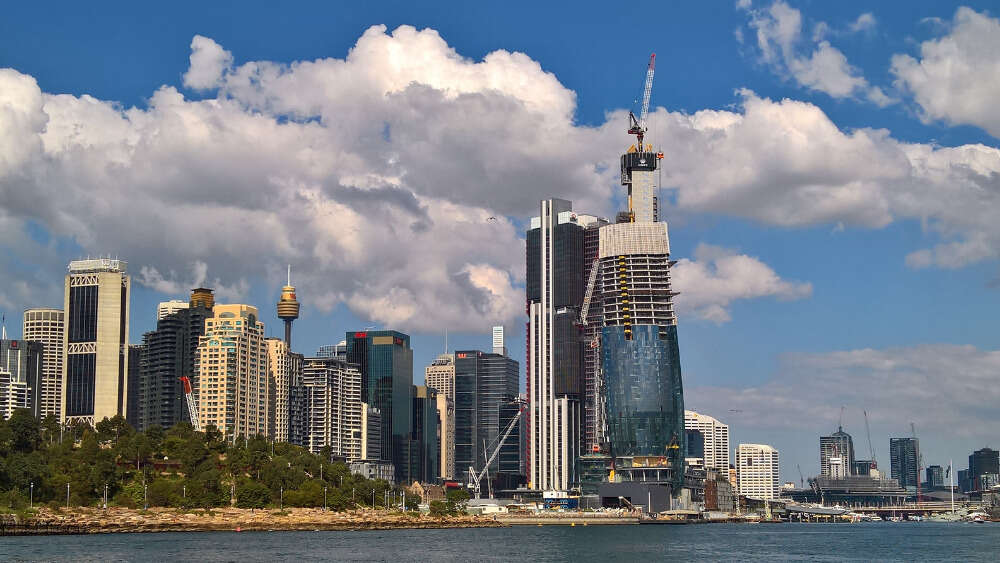 The incomplete Crown Sydney Tower from a Sydney Harbour ferry, August 2019. Image: Collywolly / Wikimedia