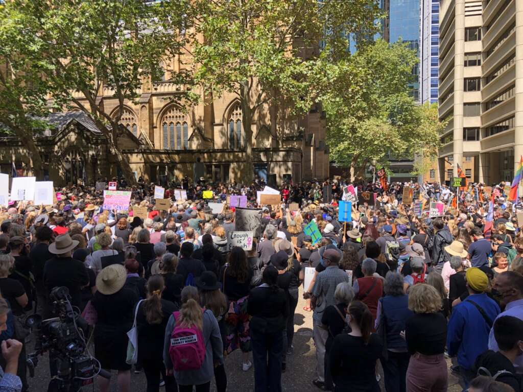Some of the Women's March 4 Justice crowd outside Sydney's St Andrew's Cathedral