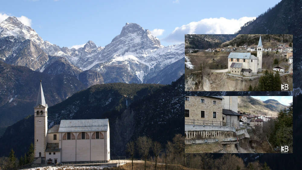 The church of San Martino Vescovo, in Valle di Cadore, Italy, is on the brink of a landslide. Main Image: Verozmp; Inset: 3B Meteo news video