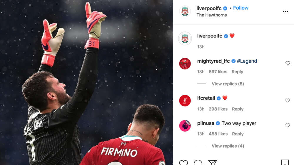 Liverpool celebrate goalkeeper's winning shot on Instagram.