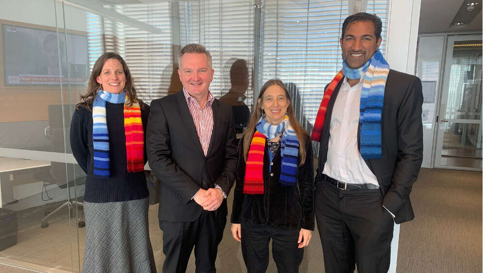 Chris Bowen, Shadow Minister for Climate Change and Energy with climate stripe scarves