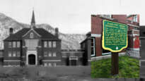 External view of Kamloops Indian Residential School taken at a distance in 1930. Inset: Kamloops Indian Residential School sign by B.C. Ministry of Transport