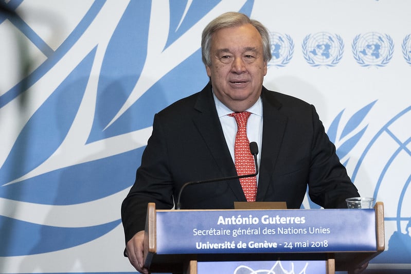 Secretary-General Antonio Guterres during press conference after the presentation the An Agenda for Disarmement at a University Dufour in Geneva. 24 May 2018. UN Photo / Jean-Marc Ferré
