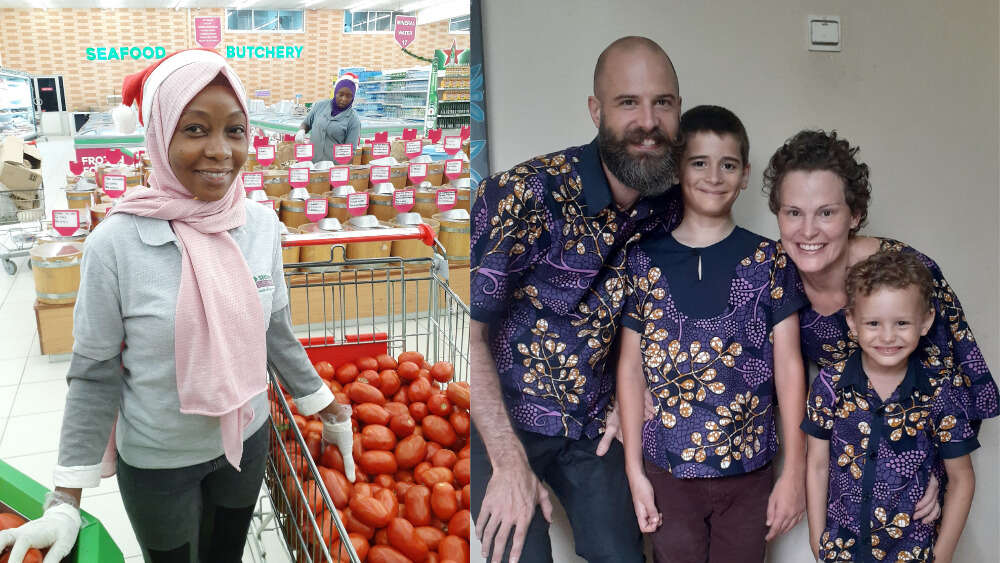 A Muslim supermarket worker; The Davis family in their matching Christmas outfits