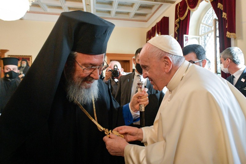 Pope Francis greets Cypriot Orthodox leaders at Orthodox Cathedral in Nicosia, Cyprus