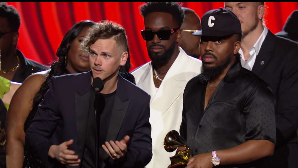 Chris Brown, Elevation Worship, and Chandler Moore, Maverick City Music, accept the Grammy
