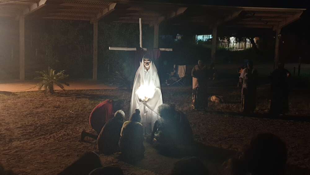 The risen Jesus played by a young member of Milingimbi Uniting Church