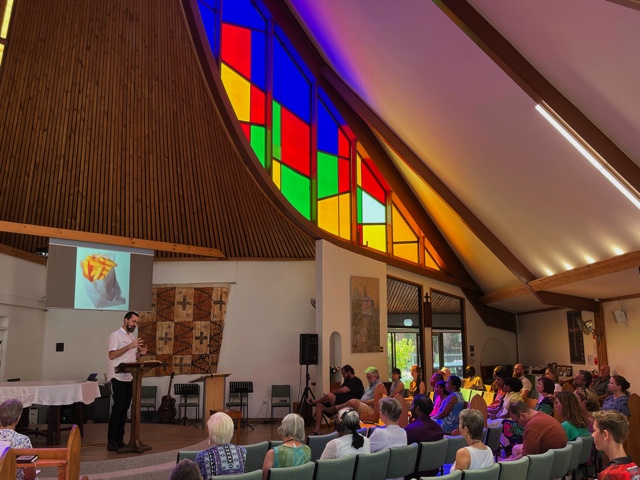 Kristan Slack with his congregation at the Anglican Parish of Alice Springs