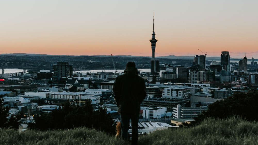 man looks out over Auckland, New Zealand