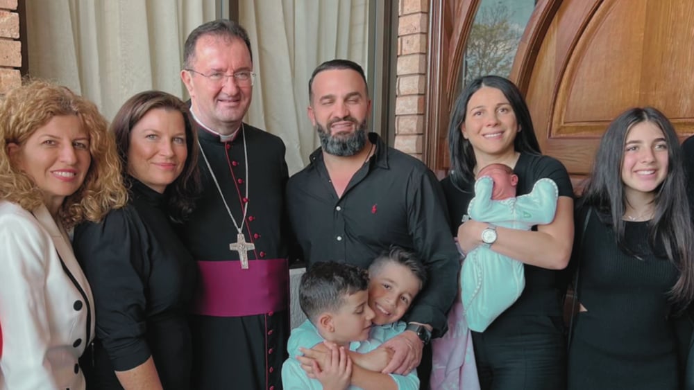 Bridget Sakr (left), with Jenny Morrison (wife of Scott Morrison, second left), Bishop Antoine Tarabay and the Abdallah family.